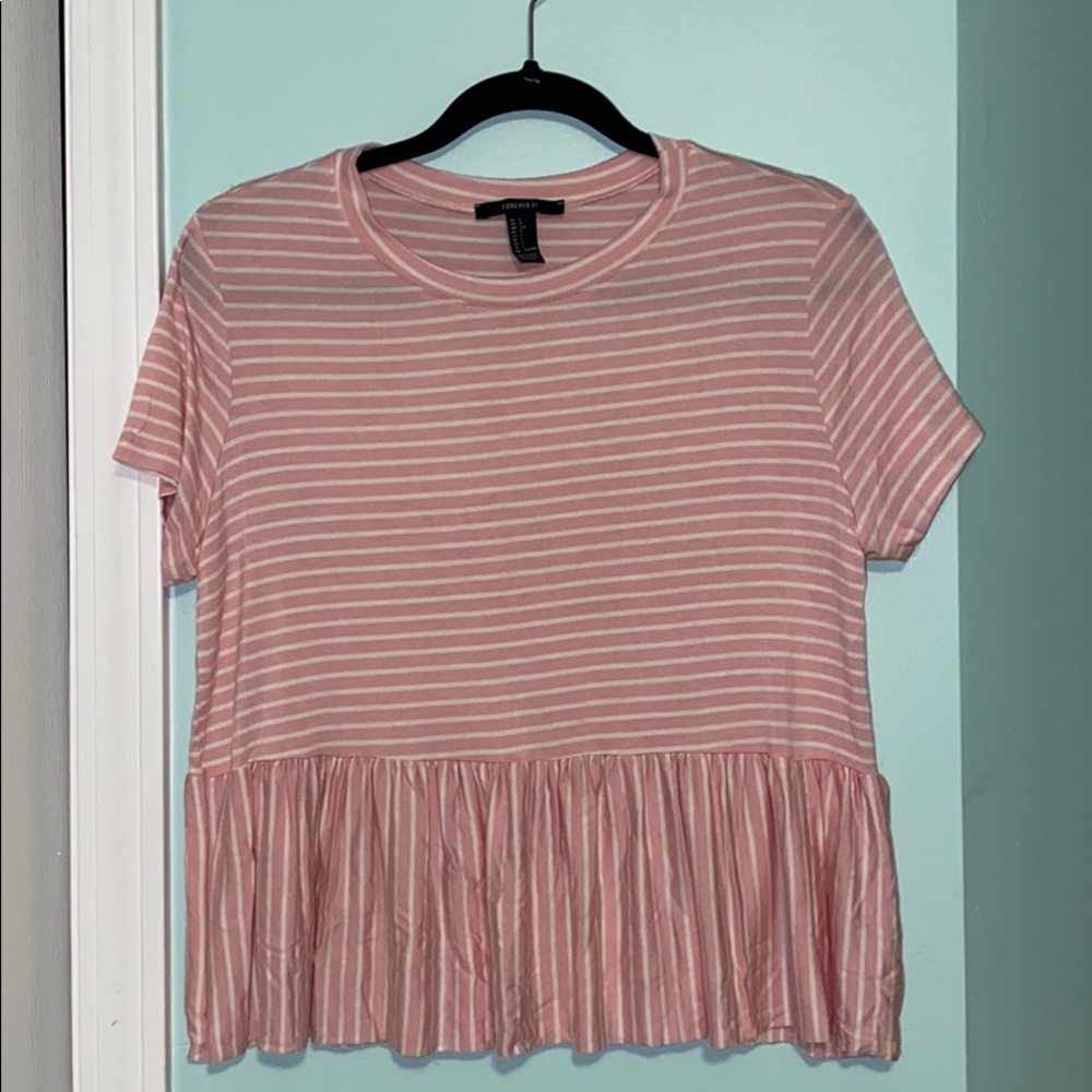 Pink and white striped peplum tee